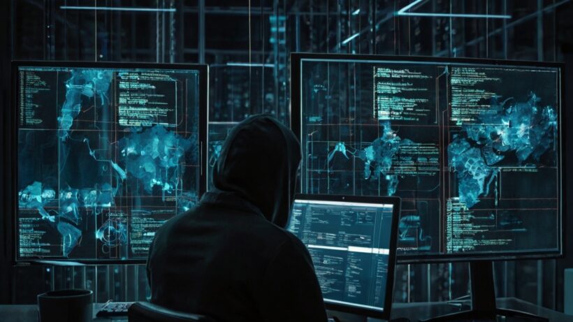 A person wearing a hooded sweatshirt is sitting at a desk in front of multiple computer monitors displaying code and digital maps, hinting at cyber extortion. The scene is dimly lit with a cyber-themed atmosphere.