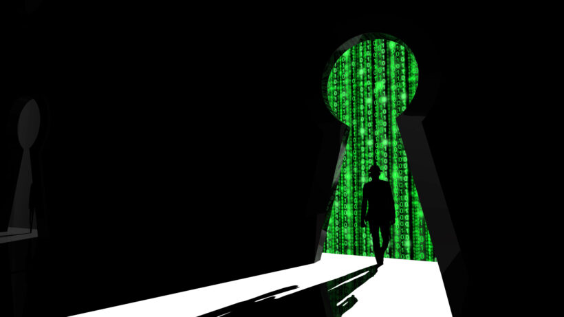 A silhouetted figure walks toward a large, keyhole-shaped opening filled with cascading green digital code on a black background. The ground below is white, and the figure's shadow is visible—a symbolic representation of cybersecurity and modern risk assessment in today's business landscape.