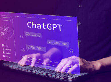 A person types on a keyboard with a virtual screen displaying "chatgpt" in front of them. The screen shows a chat interface with messages, clear, login, updates, and logout options, alongside a small chatbot icon for easy troubleshooting.