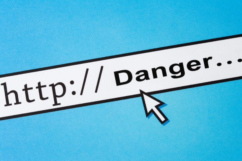 A computer cursor points to the word "danger" in a web address bar that starts with "http://". The emphasis on internet safety is clear, highlighted against a blue background.