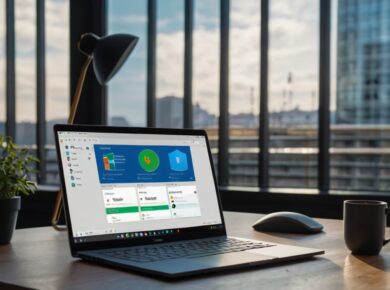 Microsoft surface laptop on a wooden desk by a window, showcasing windows 11 with city views and a cozy workspace setup