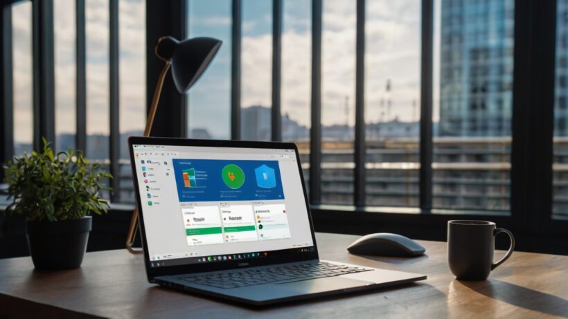 Microsoft surface laptop on a wooden desk by a window, showcasing windows 11 with city views and a cozy workspace setup