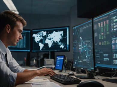 A man sits at a desk in a dimly lit room, working on multiple computer monitors displaying various data, graphs, and maps. The screens show complex information about cyber threats, including a world map and technical diagrams. The man is typing on a keyboard with focused intensity.