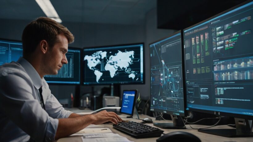 A man sits at a desk in a dimly lit room, working on multiple computer monitors displaying various data, graphs, and maps. The screens show complex information about cyber threats, including a world map and technical diagrams. The man is typing on a keyboard with focused intensity.