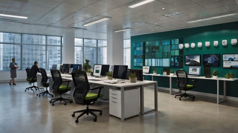 A modern office with several workstations featuring computers and chairs. Large windows provide natural light, and potted plants are placed on desks. On the green accent wall, multiple monitors display various images. Two people are seen interacting, perhaps discussing the latest windows 11 update system - a game-changer for small businesses.