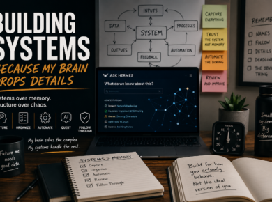 Building Systems Because My Brain Drops Details 13 A workspace with a laptop displaying a mind map, notebooks with system planning notes, and sticky notes on the wall—brain drops details and motivational mugs inspire productivity while building systems for better organization.