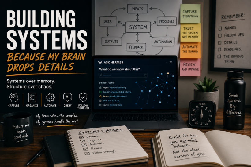 A workspace with a laptop displaying a mind map, notebooks with system planning notes, and sticky notes on the wall—brain drops details and motivational mugs inspire productivity while building systems for better organization.