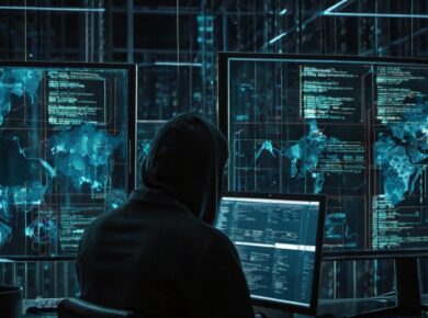 Why I'M Losing Sleep Over Cyber Extortion (And Why You Should Too) 3 A person wearing a hooded sweatshirt is sitting at a desk in front of multiple computer monitors displaying code and digital maps, hinting at cyber extortion. The scene is dimly lit with a cyber-themed atmosphere.