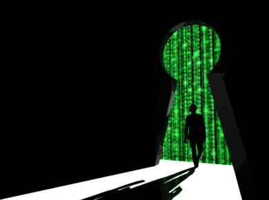 Why Your Business Must Have A Cybersecurity Risk Assessment 4 A silhouetted figure walks toward a large, keyhole-shaped opening filled with cascading green digital code on a black background. The ground below is white, and the figure's shadow is visible—a symbolic representation of cybersecurity and modern risk assessment in today's business landscape.
