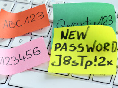How To Create Strong Passwords And Keep Them Safe 4 Sticky notes with various passwords are placed on a white keyboard. The green note says "new password j8stp! 2x," the orange note says "abc123," the pink note says "123456," and the light green note says "qwerty123. " to ensure password security, always create strong passwords.