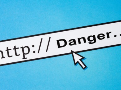 Internet Safety Tips For Everyone 12 A computer cursor points to the word "danger" in a web address bar that starts with "http://". The emphasis on internet safety is clear, highlighted against a blue background.