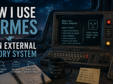 How I Use Hermes As An External Memory System 12 A vintage computer labeled "holly" displays hermes as an external memory system, showcasing notes and a to-do list on the snip's interface, with a coffee mug resting on the desk.