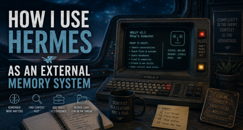 A vintage computer labeled "holly" displays hermes as an external memory system, showcasing notes and a to-do list on the snip's interface, with a coffee mug resting on the desk.