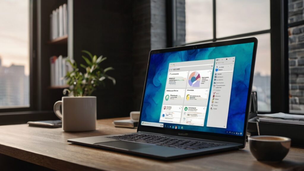 Why I'M Obsessed With Managing Startup Apps (And Why You Should Be Too) 2 A laptop on a wooden desk showcases windows 11, surrounded by a mug, plant, notebook, and glasses, with a city view outside