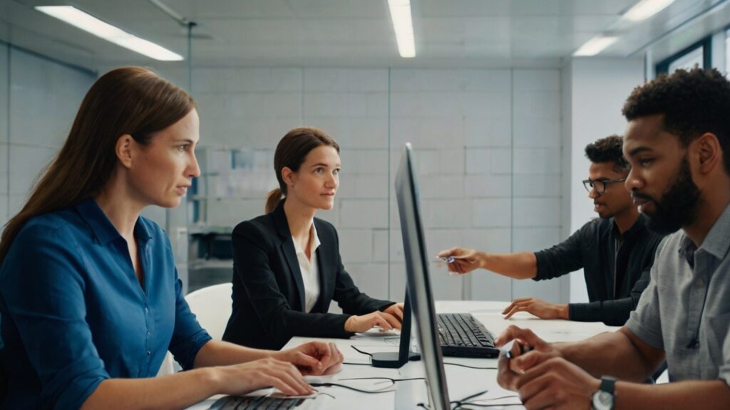 The Critical Importance Of Cybersecurity Awareness Training For Small Businesses 2 Four people are sitting at a white table in a modern office, working on computers. Two individuals are on the left side, facing two others on the right side. They are focused on their tasks, discussing cybersecurity awareness training, with one person pointing at a screen.
