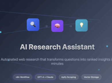 How I Built An Ai Research Assistant That Does My Web Research In Minutes 12 A dark-themed graphic with icons of a magnifying glass, a brain, and a lightbulb in sequence. Text reads: "ai research assistant. Automated web research that transforms questions into ranked insights in minutes.