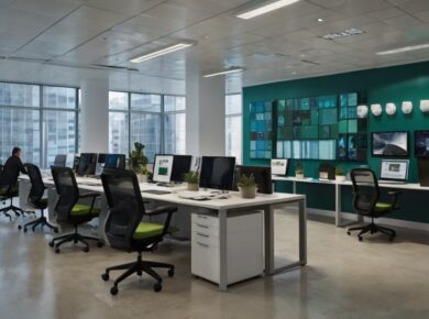 Why Windows 11'S Update System Is A Game-Changer For Small Businesses 8 A modern office with several workstations featuring computers and chairs. Large windows provide natural light, and potted plants are placed on desks. On the green accent wall, multiple monitors display various images. Two people are seen interacting, perhaps discussing the latest windows 11 update system - a game-changer for small businesses.