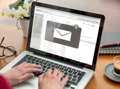 Step-By-Step Guide To Create Blog Notification Emails With Chatgpt 8 Email notification, woman hand on the computer laptop, one new inbox e mail message on the screen